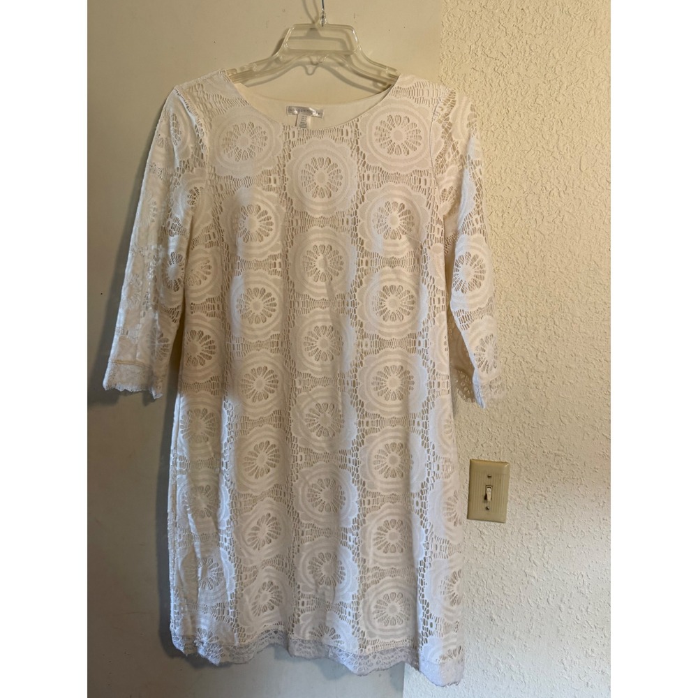 Forever 21 White Medallion Crochet Lace Shift Dress 3/4‎ Sleeve Lined L